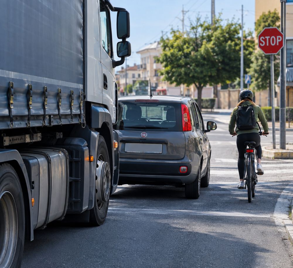 Ciclista nell'angolo cieco del camion, automobilista eroe evita la tragedia