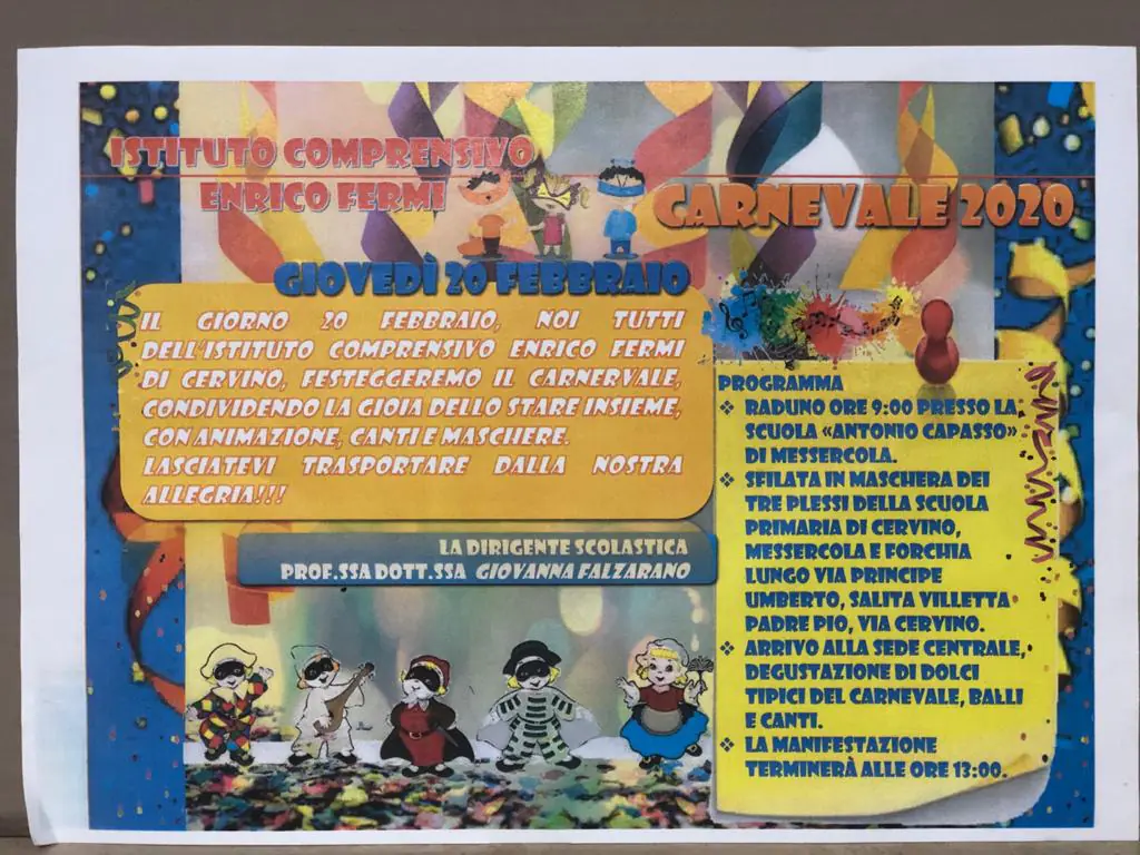 Carnevale a Cervino: il 20 febbraio festeggiamenti all’Istituto “Enrico Fermi”