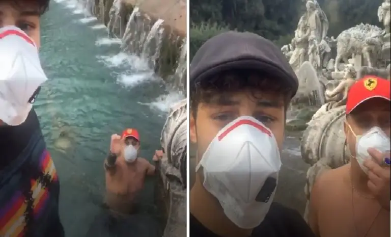 Paolo Sforza sfida Coronavirus e Reggia: tuffo nella fontana e mascherina di cittadinanza. IL VIDEO COMPLETO