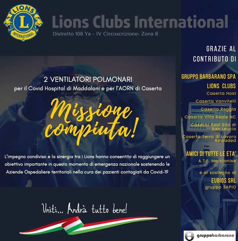 I Lions Club, il gruppo Barbarano e l’A.T.E. donano 2 ventilatori polmonari agli ospedali casertani