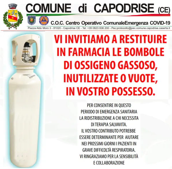 Bombole di ossigeno inutilizzate: il Comune invita a restituirle