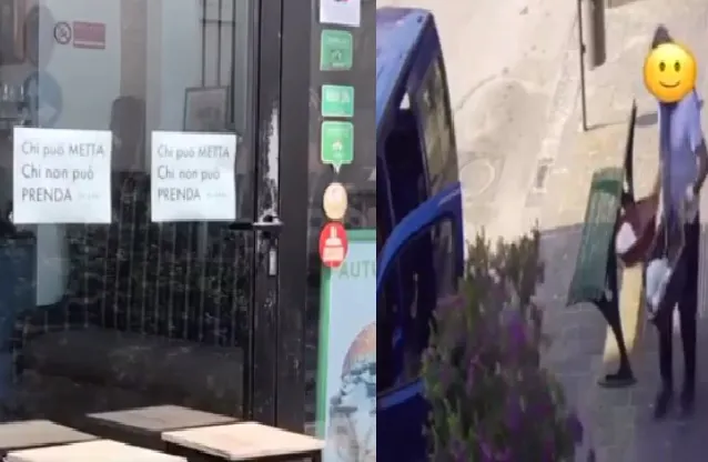 Il video dello sciacallo dell’anno: ristoratore mette cesti per poveri, lui porta via tutto