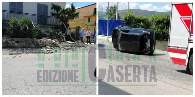 Centra muretto e si ribalta con l’auto: incidente choc tra Maddaloni e San Felice. FOTO