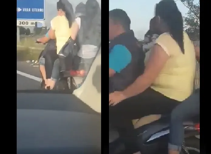 Famigliola di 4 persone viaggia senza casco e sullo stesso scooter sulla 7bis. Video spopola