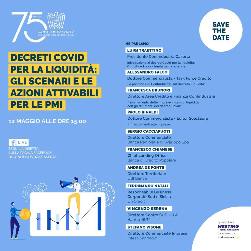 “Decreti Covid per la liquidità: gli scenari e le azioni attivabili per le pmi”: domani il webinar di Confindustria Caserta in diretta Facebook