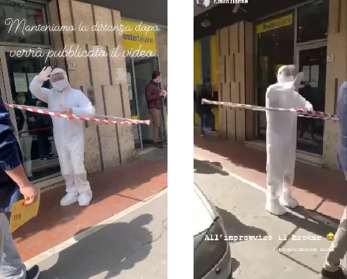 Sforza show alle Poste: broker in fila col suo sistema anti-contagio. IL VIDEO