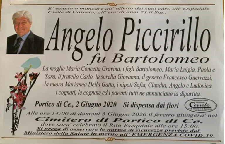 Fissati i funerali di Piccirillo: padre esemplare e nonno modello
