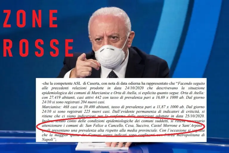 Zone rosse nel Casertano, De Luca pronto a chiudere altri 5 Comuni. C’è San Felice