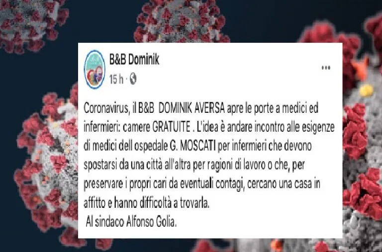 B&B offre ospitalità gratuita a medici e infermieri del Moscati