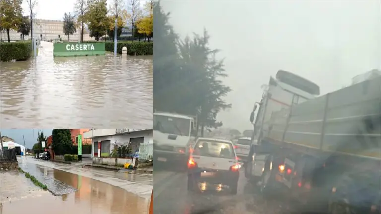 Casertano in ginocchio, allagamenti e incidenti. Camion sprofonda nello scavo. LE FOTO