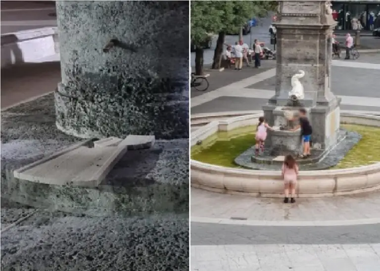 Si tuffano in piazza e danneggiano fontana restaurata 2 settimane fa