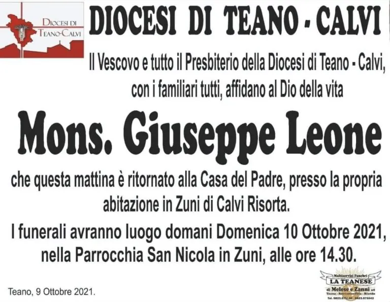 Addio a Mons. Giuseppe Leone: diocesi Teano-Calvi in lutto