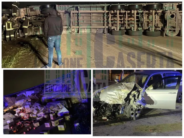 Incidente choc sull’Appia: si ribalta autotreno dopo impatto con vettura. Tre feriti