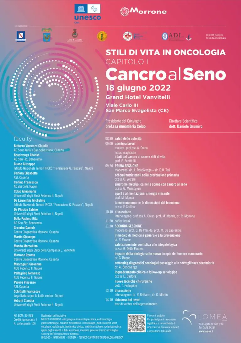 ‘Stili di vita in oncologia, cancro al seno’, il convegno in collaborazione con Cattedra Unesco