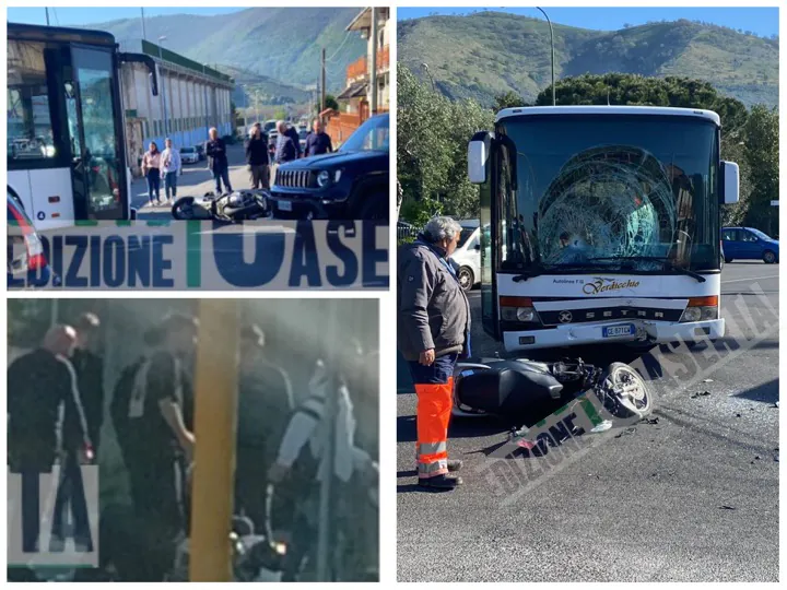 Terribile frontale sull’Appia: scontro tra moto e autobus. Corsa in ospedale