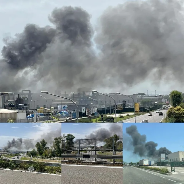Scoppia incendio nella zona Asi, nube nera su diverse città. Foto