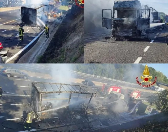 Camion va in fiamme, choc in autostrada. Foto