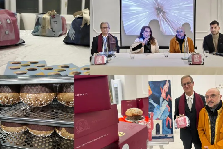 Un panettone confezionato in un quadro del maestro Saravo che raffigura l’eruzione del Vesuvio