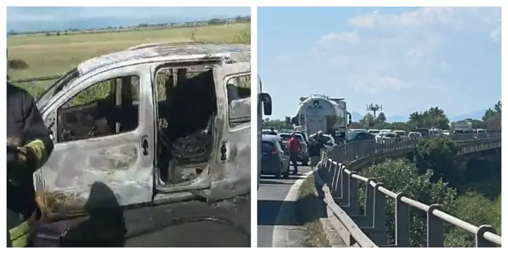 Doblò con famiglia a bordo prende fuoco: traffico bloccato