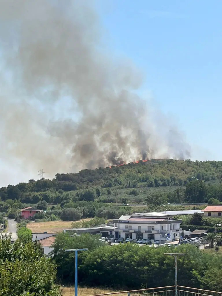 Incendio lungo il monte, vigili del fuoco in azione