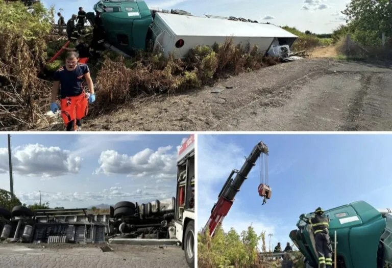 Tir diretto all’inceneritore si ribalta, autista intrappolato