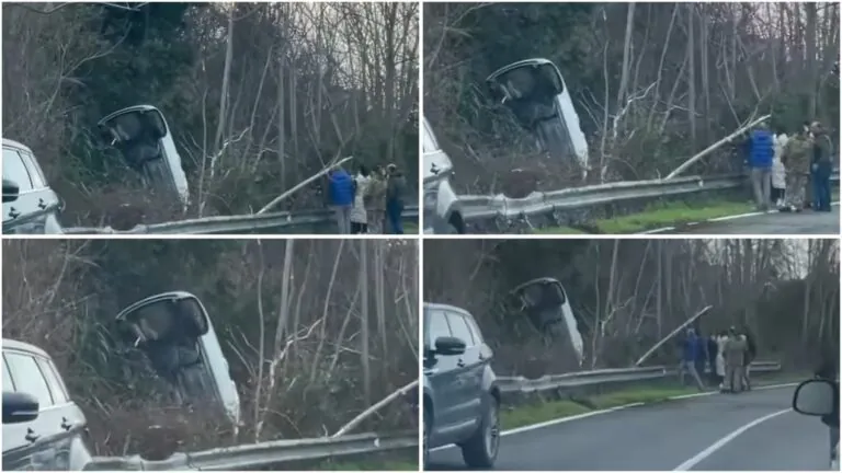 Auto sbanda e finisce tra gli alberi oltre il guardrail