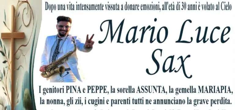 Fissato l’ultimo ‘viaggio’ del sassofonista Mario Luce: il messaggio della famiglia per i funerali