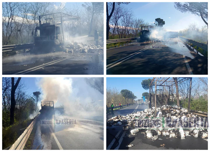 Inferno sul ponte: camion che trasporta rotoli di carta avvolto dalle fiamme