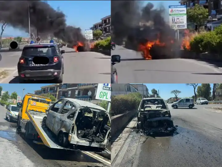 Auto prende fuoco all’improvviso in strada, carabinieri e Protezione Civile sul posto