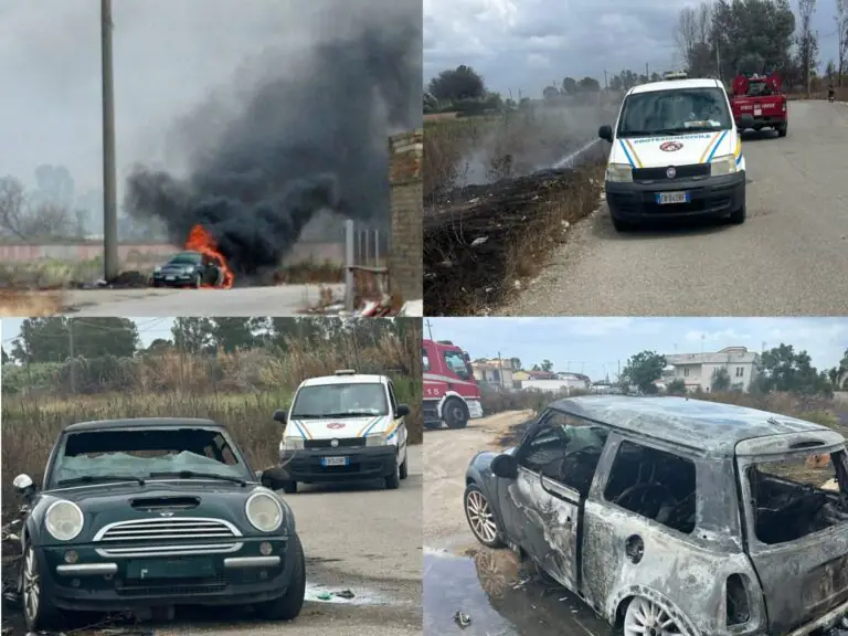 Scoppia rogo in un terreno e auto va a fuoco. Protezione Civile e pompieri sul posto