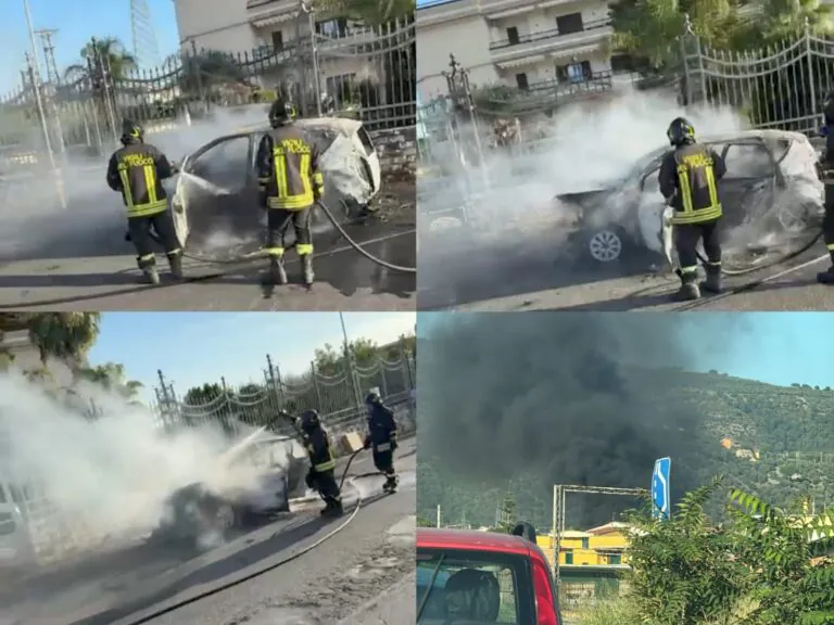 Paura in strada: auto in fiamme all’improvviso. Intervengono i pompieri