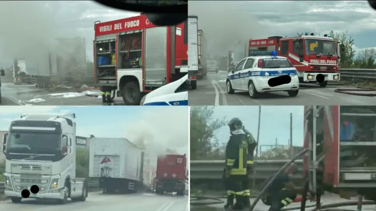 Camion in fiamme sulla Statale per il centro commerciale, pompieri in azione
