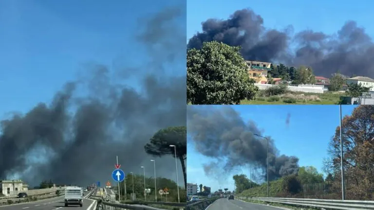 Vasto incendio nella Zona Asi, enorme nube di fumo sovrasta l’area