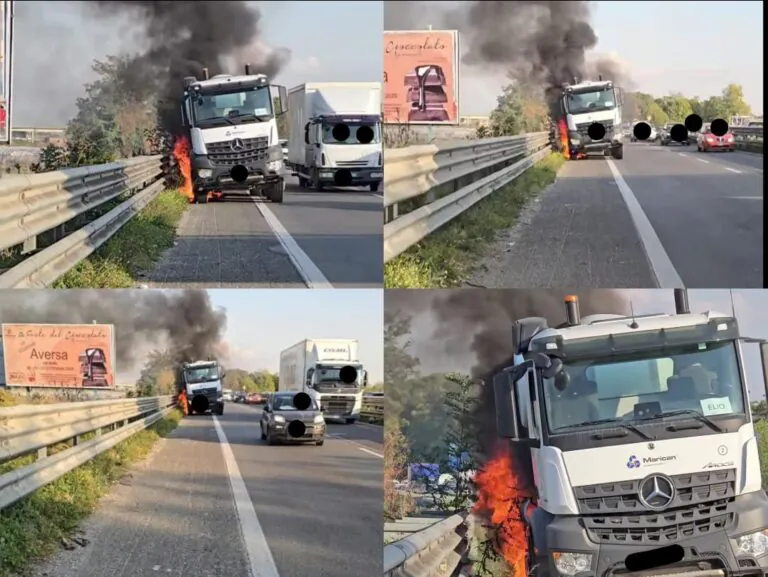 Paura sulla Statale: camion a fuoco all’improvviso