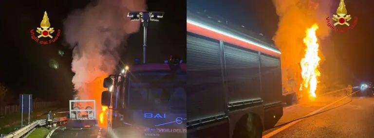 Tir a fuoco sull’A1: intervengono i pompieri