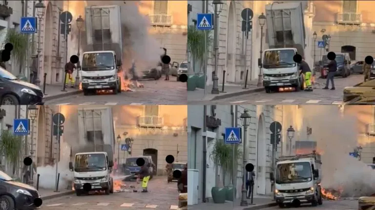 Camion dei rifiuti a fuoco all’improvviso: panico in centro