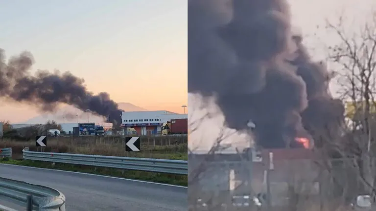 Maxi rogo all’interporto, enorme nube di fumo sovrasta la zona