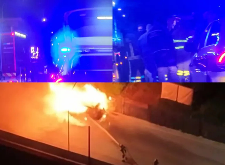 Auto inghiottita dalle fiamme, strada bloccata e paura. Foto