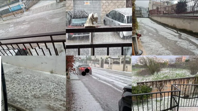 Choc nelle frazioni a sud: strade imbiancate da chicchi di grandine formato maxi