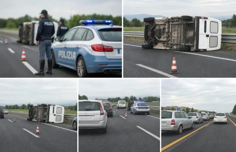 Furgone si ribalta dopo urto, trappola in autostrada