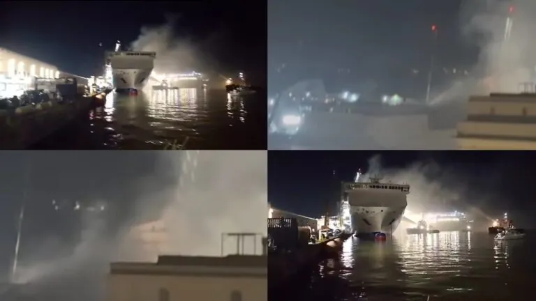 Nave in fiamme al porto, nube di fumo “invade” la città