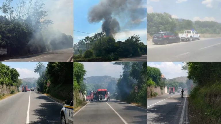 Incendio nei pressi del bivio, fiamme minacciano la Statale