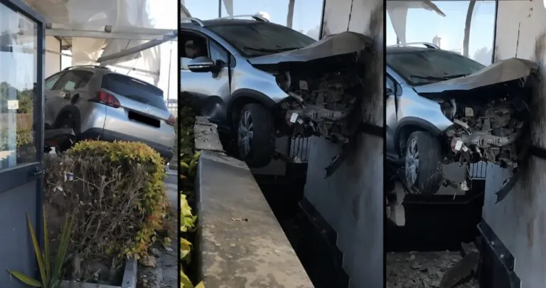 Auto decolla e finisce infilzata nel centro commerciale. Ecco il motivo dell’impatto
