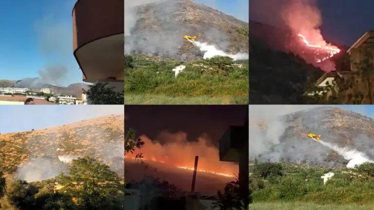 Collina a fuoco da quasi 24 ore: in azione elicotteri e canadair