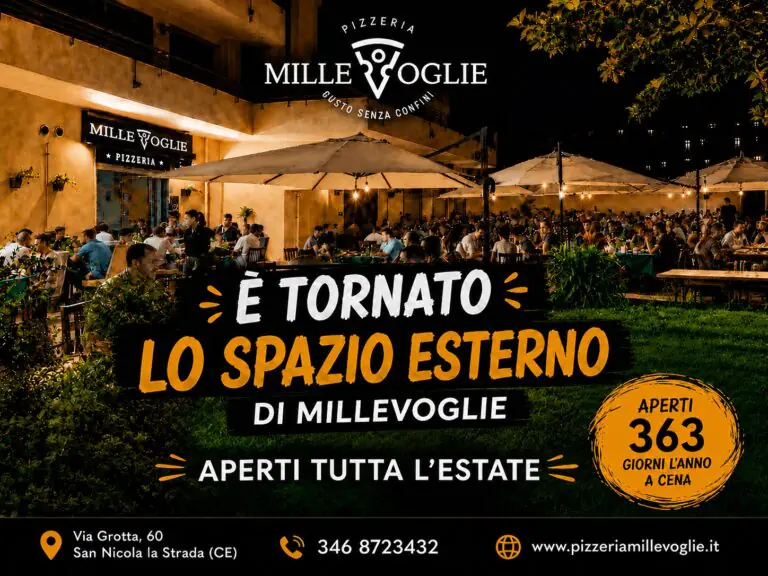 Millevoglie riapre il grande giardino estivo: la pizza da vivere sotto le stelle a due passi dalla Reggia di Caserta