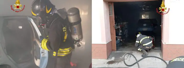 Auto in fiamme in un box: l’intervento dei pompieri