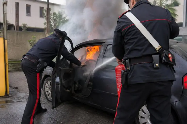 Resta intrappolata in auto in fiamme, piombano i carabinieri