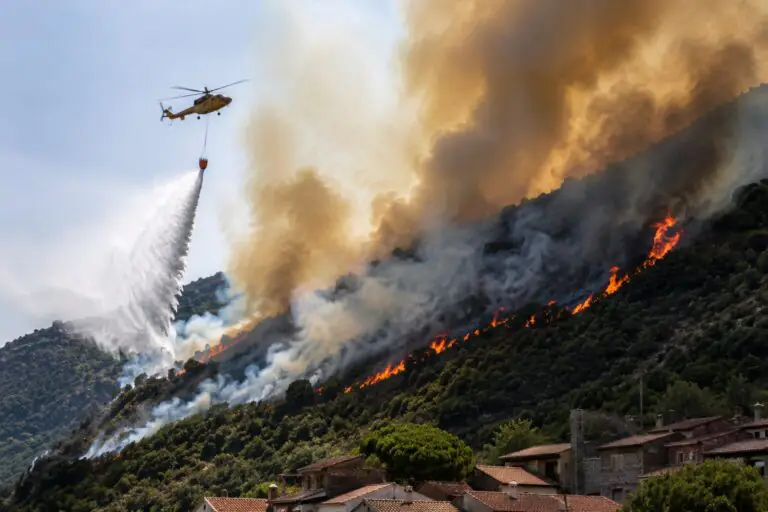 Incendio sul monte, fiamme minacciano centro abitato. Elicottero in azione