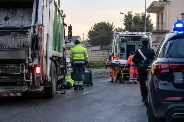 Operatore ecologico cade da camion e batte la testa, corsa in ospedale