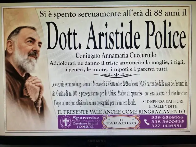 Sparanise in lutto: si è spento il dottor Aristide Police, domani l’ultimo saluto